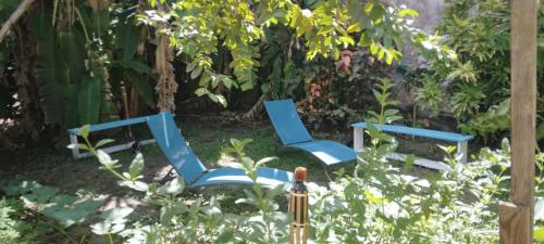 three blue chairs sitting in a garden at Chambre d'hôtes pieds dans l'eau in Grande Anse