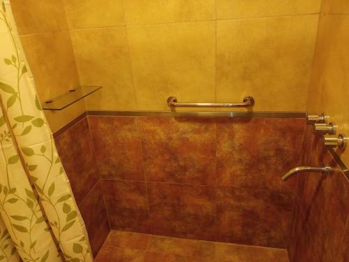 Un baño con ducha con cortina de ducha. en MONTE HERMOSO 1DORM CENTRO, en Monte Hermoso