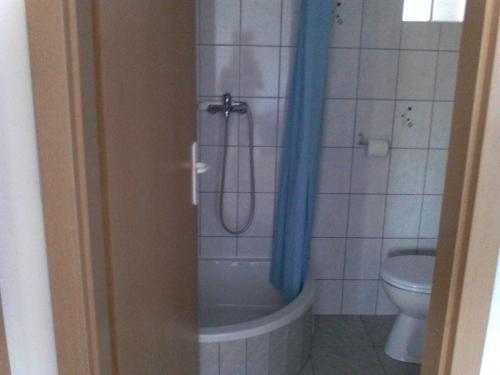 ein Bad mit einer Badewanne, einem WC und einer Dusche in der Unterkunft Apartments Blue House in Korčula