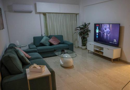 uma sala de estar com um sofá e uma televisão em Cozy 2 Bdr Nicosia City Free Parking Wifi em Nicósia