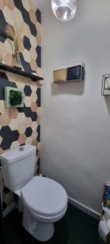 une salle de bain avec des toilettes blanches dans une chambre dans l'établissement Maison de centre ville, à Périgueux