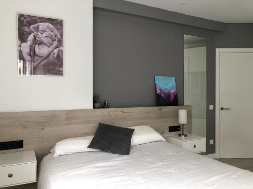 1 dormitorio con cama blanca y espejo en Piso acogedor y amplio en el centro de Tolosa en Tolosa