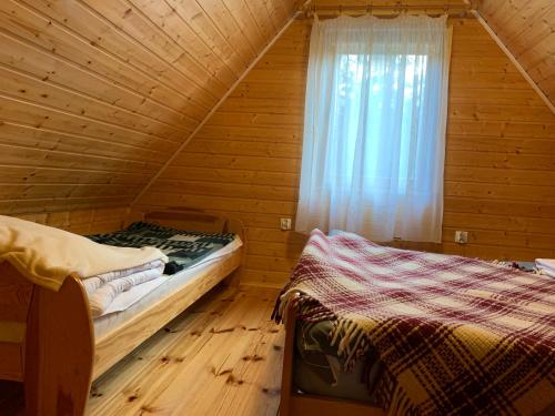 two beds in a wooden room with a window at Domki pod Kiczerą w Baligrodzie, Bieszczady in Baligród