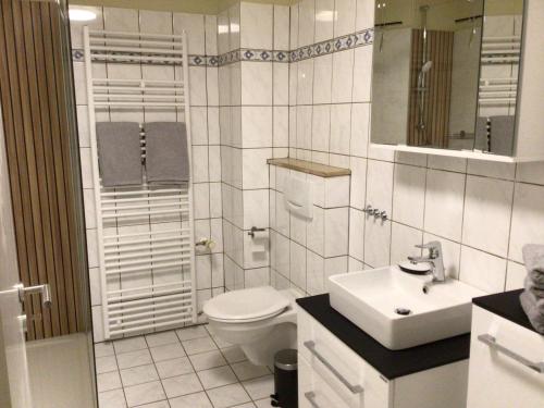 a white bathroom with a toilet and a sink at Ferienwohnung am Steinsbach in Bad Berleburg