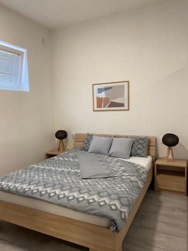 um quarto com uma cama e duas mesas de cabeceira em Apartman Arthur em Kikinda
