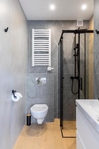 a bathroom with a shower and a toilet and a sink at Villa Gorczański Zakątek Agroturystyka in Konina