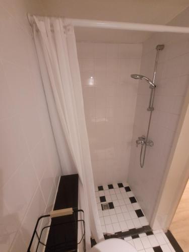een badkamer met een douche, een toilet en een tegelvloer bij BakeryInn Amersfoort in Amersfoort