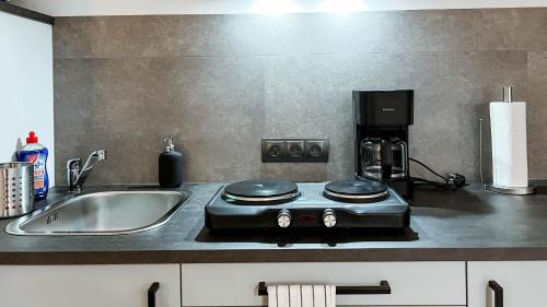 a kitchen counter with a stove and a sink at Apartmenthaus - Am Bergstollen in Dielmissen