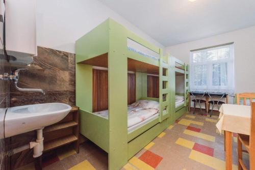 1 dormitorio con litera, lavabo y bañera en Rekreační středisko ROJANA en Svratka