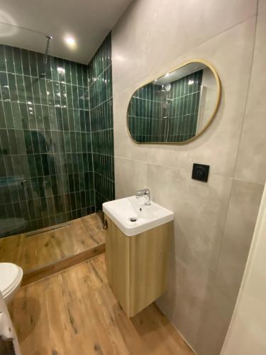 a bathroom with a sink and a mirror at Bali suites - Basel / Dreilander in Saint-Louis