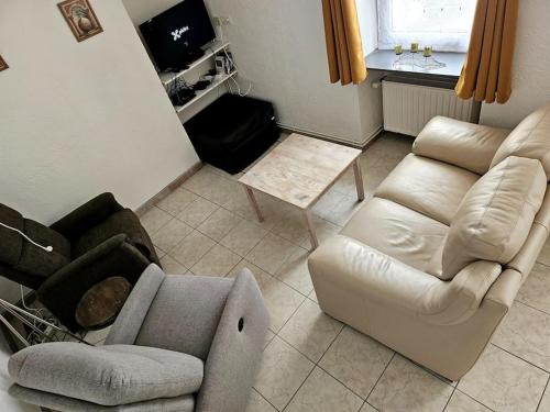 ein Wohnzimmer mit einem Sofa und einem Stuhl in der Unterkunft Gîte le Carassin in Bouillon