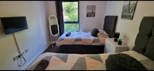 a bedroom with two beds and a tv and a window at Brentwood Town Retreat - Large 2 bedroom apartment in Brentwood