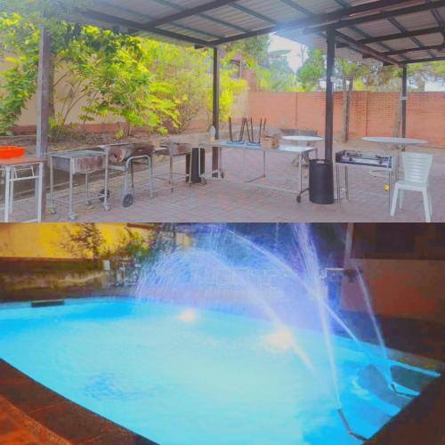two pictures of a pool with a water fountain at Secret Garden in Kampong Alor Gajah