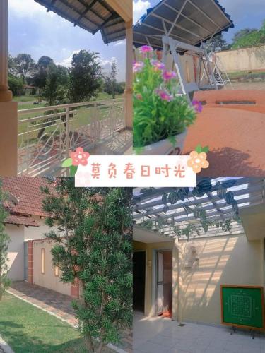a collage of three pictures of a building with flowers at Secret Garden in Kampong Alor Gajah