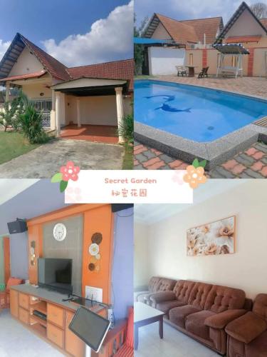 a collage of pictures of a house with a swimming pool at Secret Garden in Kampong Alor Gajah