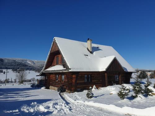 Komfortowy dom z bali koło Zieleńca z widokiem na góry في Lasowka: كابينة خشب مغطاه بالثلج