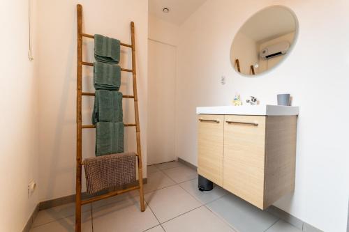 a bathroom with a sink and a mirror at Escapade à 10 min d’ETRETAT in Criquetot-lʼEsneval