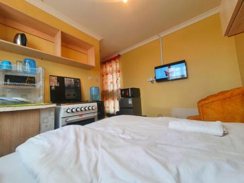 Kikuyu的住宿－The Little Haven - Ample Parking, Views & Netflix，卧室配有一张床,墙上配有电视。