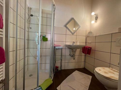 uma casa de banho com um chuveiro, um WC e um lavatório. em Ferienwohnung-Guem-2-Personen em Nesselwängle