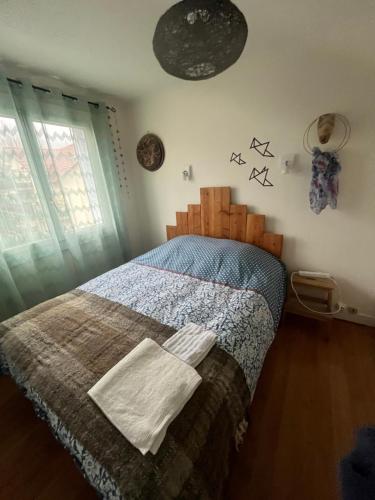 a bedroom with a bed with a blanket and a window at La cabane in Fontaine