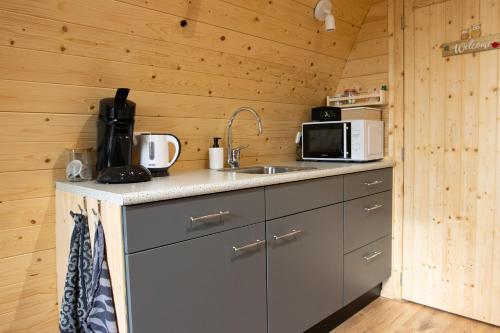 eine Küche mit einer Spüle und einer Mikrowelle in der Unterkunft Camping pod: Lyts Dekema 2 in Baard
