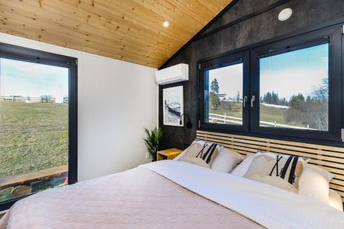 Schlafzimmer mit einem großen Bett und Fenstern in der Unterkunft Ino Groń - domek przy górnej stacji Kotelnicy Białczańskiej z widokiem na Tatry in Białka Tatrzańska