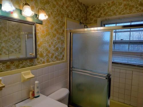 een badkamer met een douche, een toilet en een wastafel bij Family Cozy House in Frederick