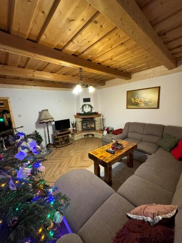 a living room with a christmas tree and a couch at U Edyho in Zuberec