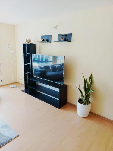 a living room with a black couch and a plant at Departamento completo cerca de Embajada Americana in Quito