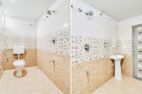 twee foto's van een badkamer met een toilet en een douche bij NO 7 Grandeur Hotel in Bangalore