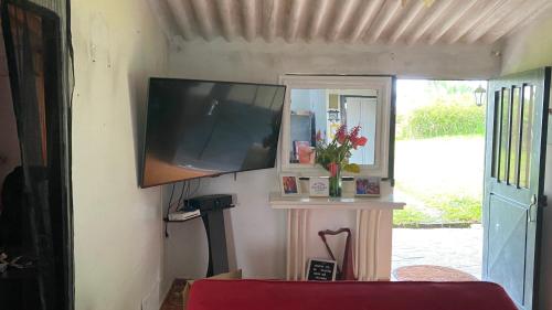 un televisor colgado en una pared con un jarrón de flores en Villa Pulguitos, en Los Santos