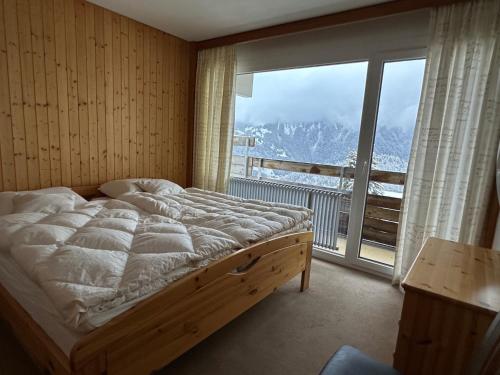 a bedroom with a bed and a large window at Roc d'Orsay D36 in Leysin
