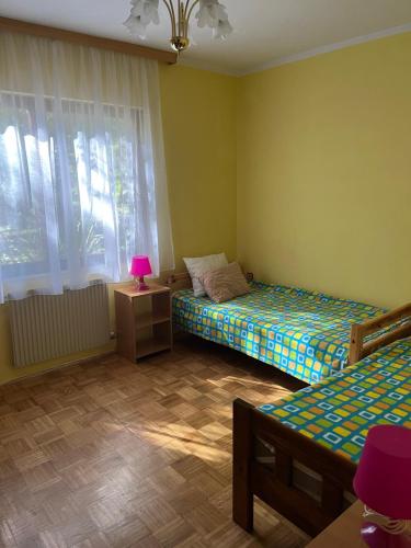 een slaapkamer met 2 bedden en een lamp op een tafel bij Šumska kuća Juga Kovačević in Bela Crkva