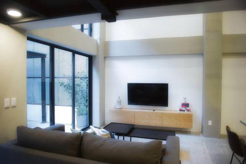uma sala de estar com um sofá e uma televisão de ecrã plano em Roma Apartment with Private Terrace in CDMX em Cidade do México