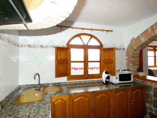 a kitchen with a sink and a microwave on a counter at RuralRusticHome in Altura