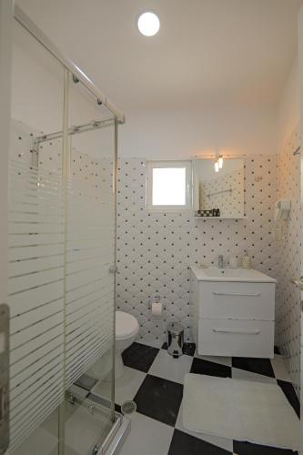 a bathroom with a shower and a toilet and a sink at Hotel Angjelo in Borsh