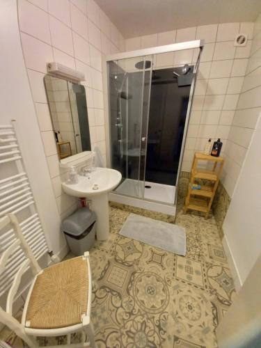 a bathroom with a sink and a shower and a toilet at Appartement, 2eme étage avec piscine partagée in Sedan