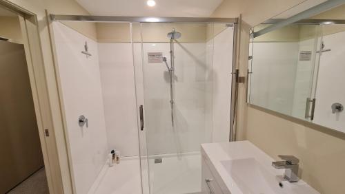 uma casa de banho com um chuveiro e um lavatório. em El Beracca Retreat - 3 bedroom home away from home em Palmerston North