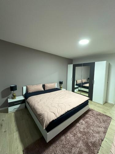 een slaapkamer met een groot bed en een spiegel bij Luxury Apartment Ottweiler in Ottweiler