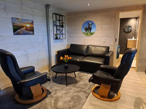 a living room with a couch and chairs and a table at Landelijk Tiny house in gemeente Edam/Volendam in Middelie