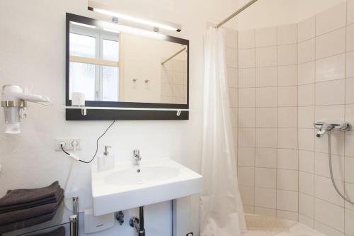 y baño con lavabo, espejo y ducha. en Exclusive 2-room souterrain apartment, en Núremberg