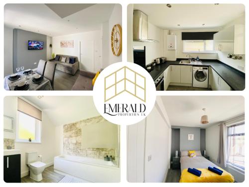 Emerald Properties UK 4 bedrooms - Swansea City Centre, close to beaches! في سوانسي: مجموعة صور مطبخ وغرفة معيشة