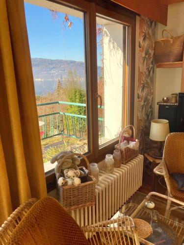 a living room with a large window with a view at Chambre privée dans Maison Familiale in Veyrier-du-Lac