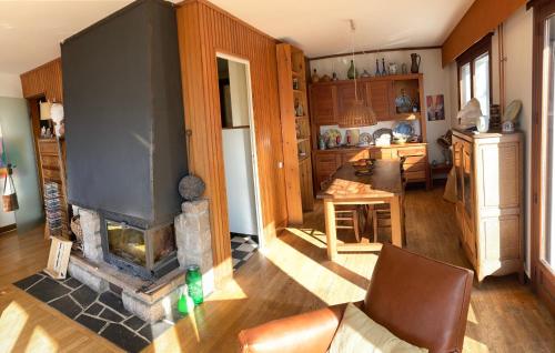 een woonkamer met een open haard bij Chambre privée dans Maison Familiale in Veyrier-du-Lac