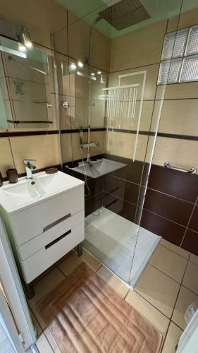 une salle de bain avec une douche, un lavabo et un miroir dans l'établissement Appartement EST classé 3 étoiles au 1er étage d'une maison avec jardin dans un quartier calme, à Cavalaire-sur-Mer