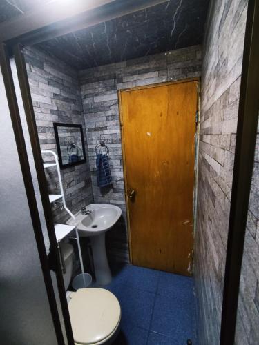 a bathroom with a toilet and a sink at Cabaña la Araucaria in El Manzano