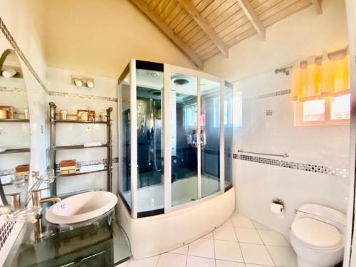 a bathroom with a shower and a sink and a toilet at Casa Amarilla in Woods