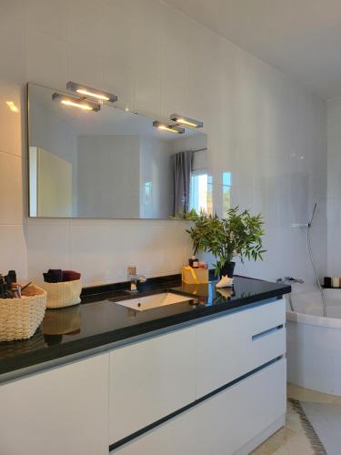 a bathroom with a sink and a mirror and a tub at Sapore di mare Luxury B&B and Cooking in Marbella
