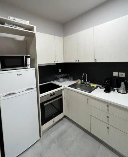 a kitchen with a white refrigerator and a sink at Othonos 10 str. apartment. in Tríkala
