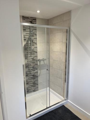 a walk in shower with a glass door at Beldorny in Kingston